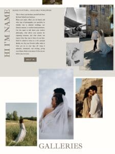 An asymmetrical website section mockup showcasing an editorial photography portfolio collage with wide gaps and spacious text blocks.