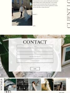 When your contact page is clean and clutter-free, completing a form feels like an easy, peaceful experience. A minimalist website footer design featuring a transparent contact form overlay, a bold serif contact heading, and an organized Instagram social feed grid.